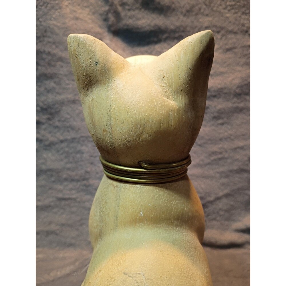 Vintage Hand Carved Wooden Cat Folk Art Sculpture Brass Collar Rustic Whimsical - Picture 8 of 14